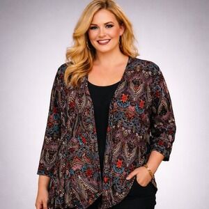 Rainbow‎ Womens Top Plus 3X Black Sheer Colorful Paisley Floral Layer Cover Up